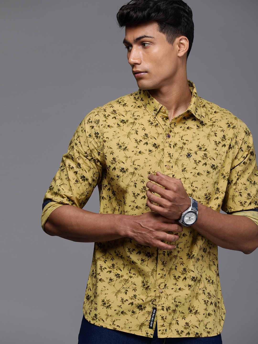

WROGN Men Mustard Yellow & Olive Green Slim Fit Floral Printed Casual Shirt