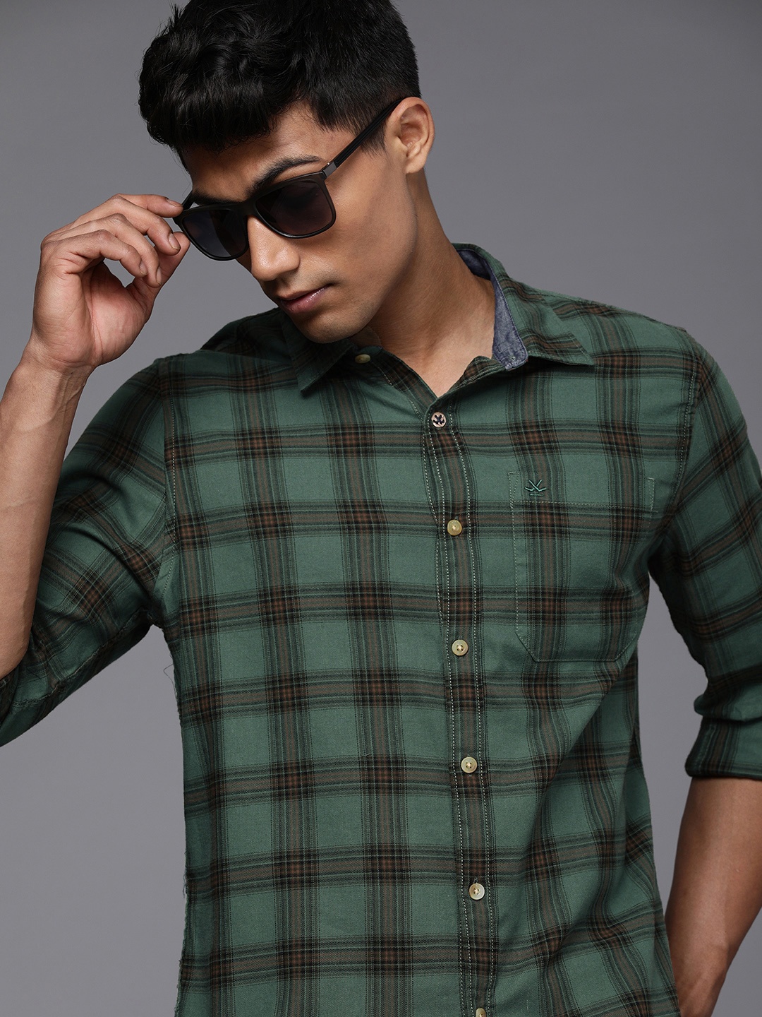 

WROGN Men Green & Brown Checked Pure Cotton Slim Fit Casual Shirt