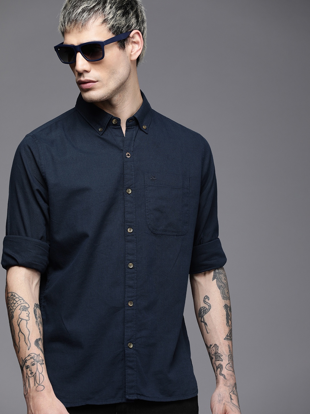 

WROGN Men Navy Blue Solid Slim Fit Pure Cotton Casual Shirt