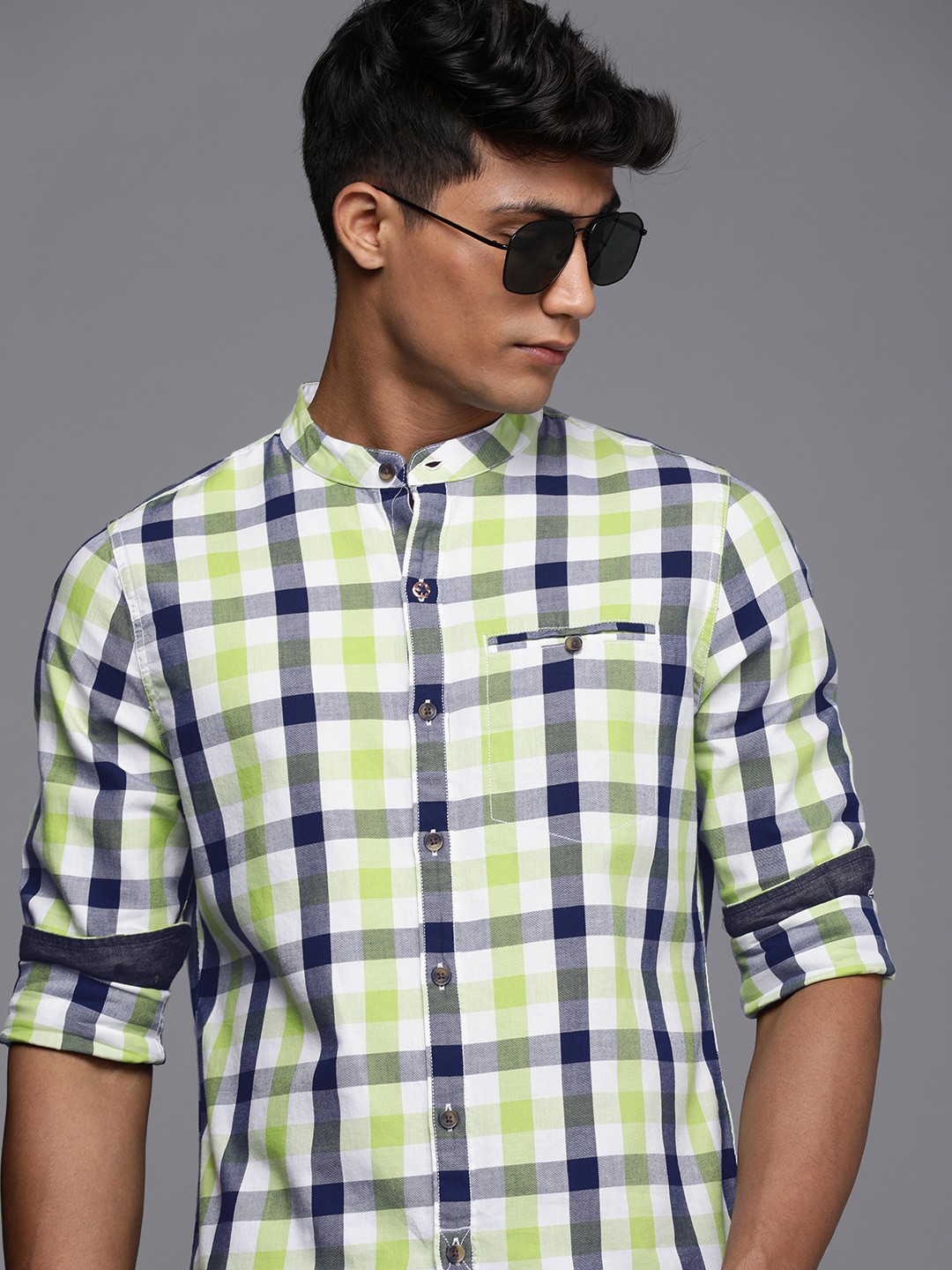 

WROGN Men White & Lime Green Buffalo Checks Slim Fit Casual Shirt