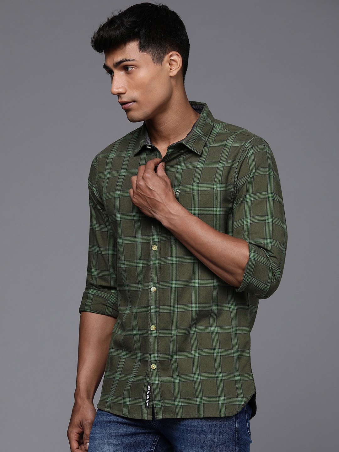 

WROGN Men Olive Green & Black Slim Fit Checked Casual Shirt