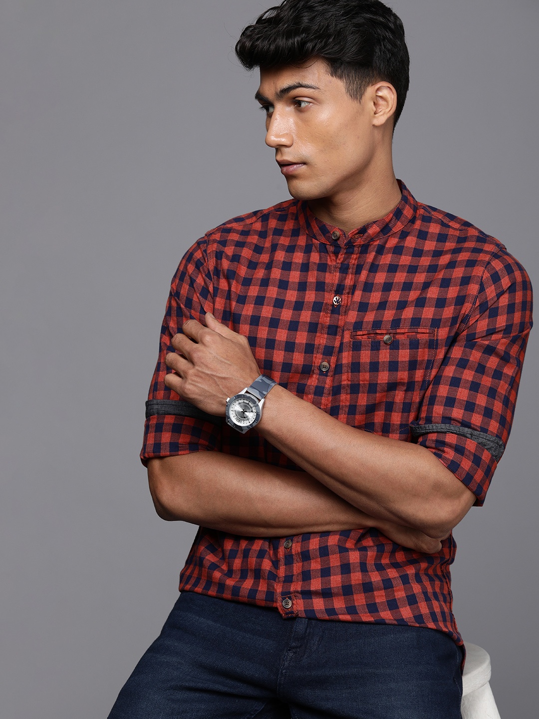 

WROGN Men Rust & Blue Buffalo Checks Slim Fit Casual Shirt