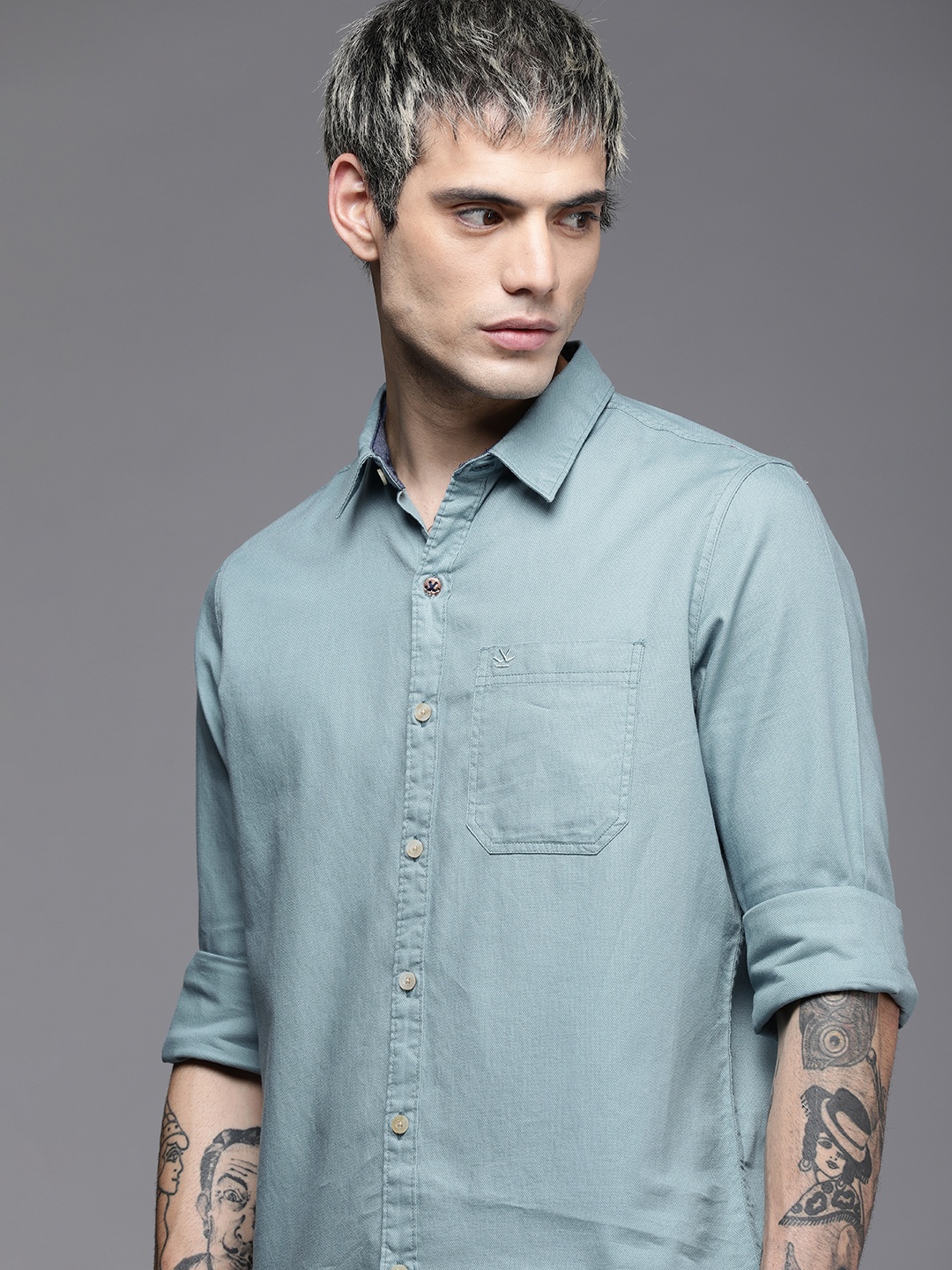 

WROGN Men Blue Self-Design Slim Fit Pure Cotton Casual Shirt