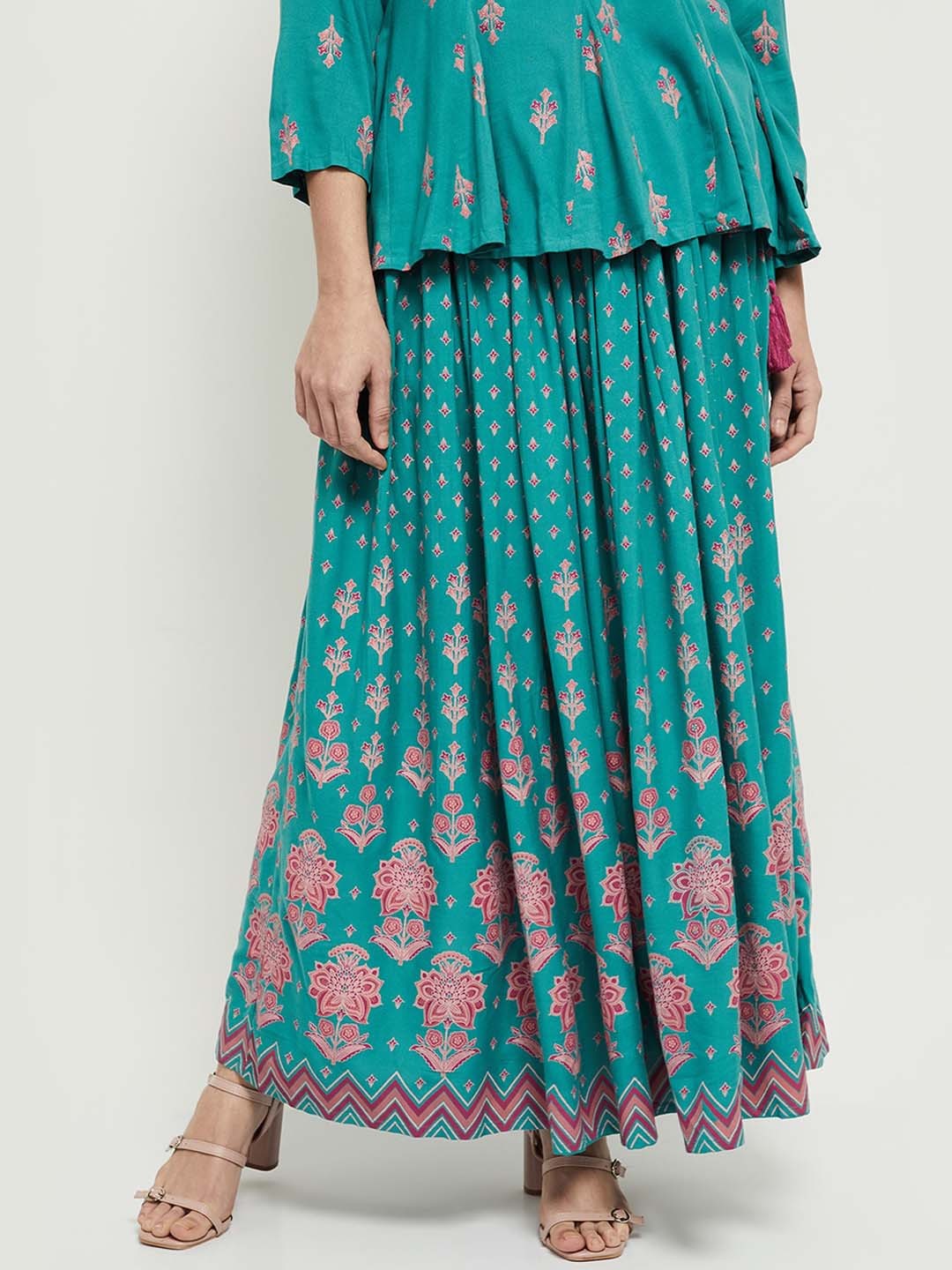 

max Women Turquoise Blue Printed Flared Maxi Skirt