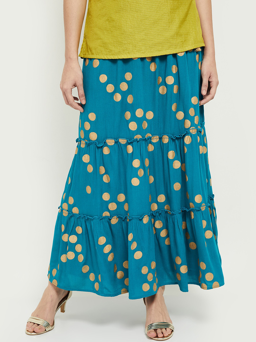 

max Women Turquoise-Blue & Gold-Coloured Printed Tiered Skirt