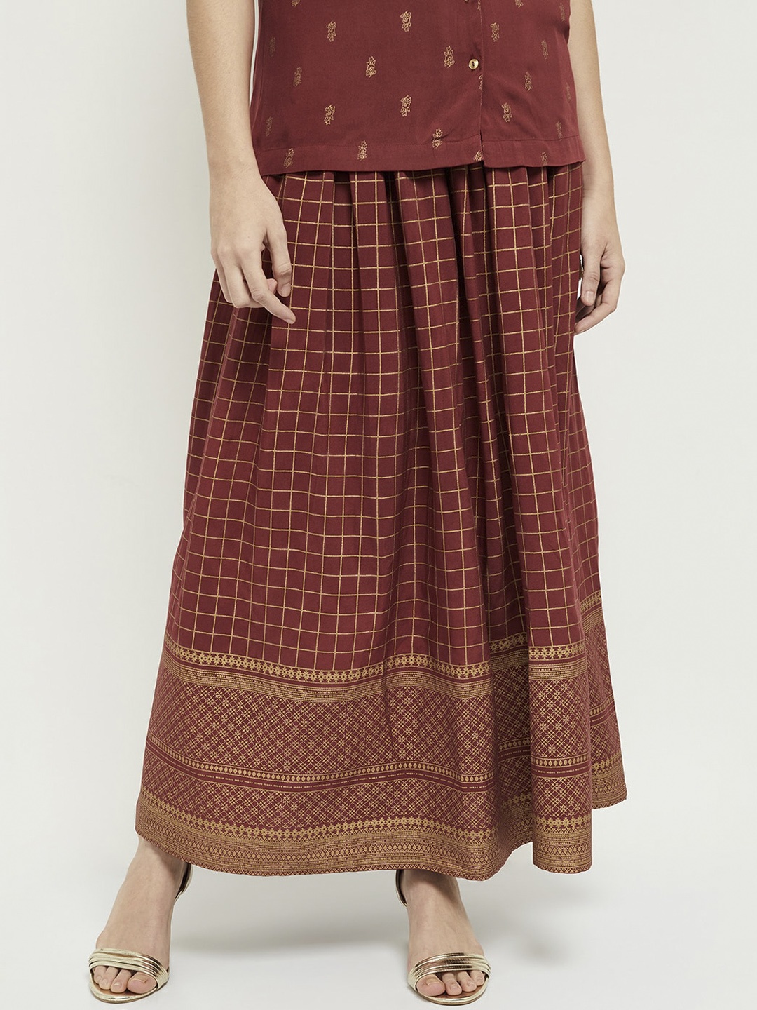 

max Women Maroon & Gold Checked Pure Cotton Flared Maxi skirt