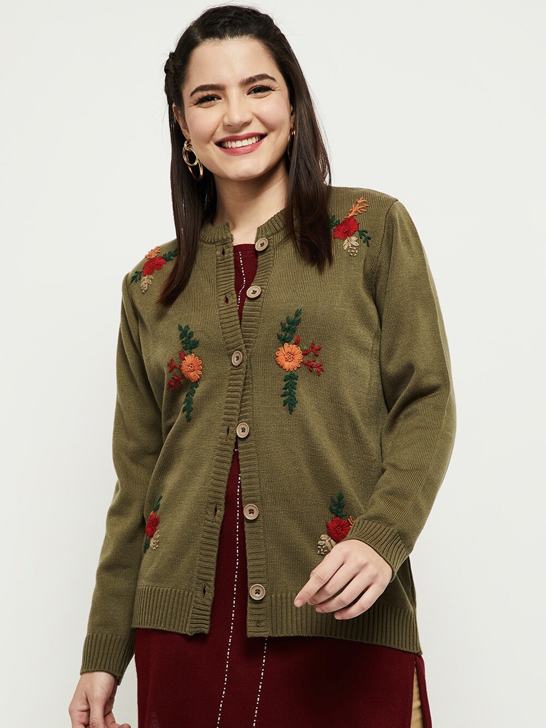 

max Women Camel Brown & Green Floral Printed Acrylic Cardigan