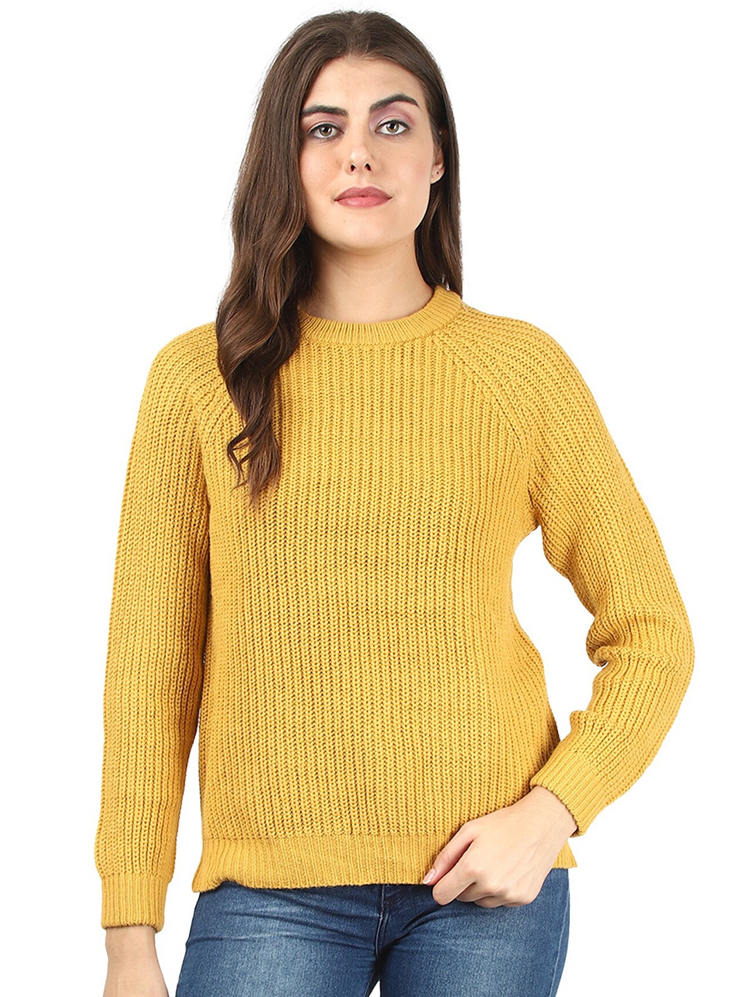 

NoBarr Women Yellow Ribbed Acrylic Pullover Sweater