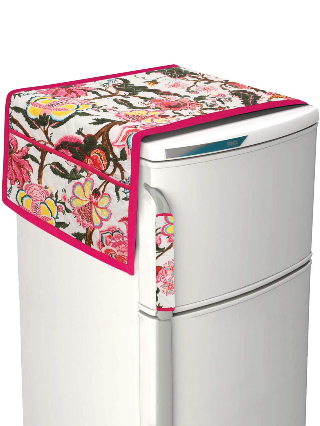 

Rajasthan Decor White & Pink Floral Print Quilted Fridge Cover With Handle Cover
