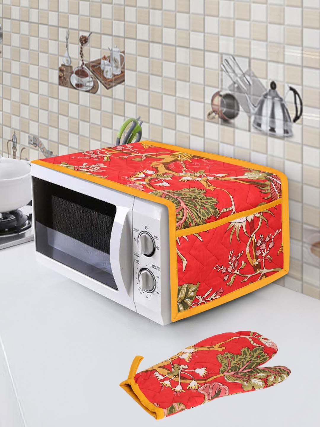 

Rajasthan Decor Multicolour Floral Printed Quilted Cotton Microwave Oven Cover, Multi