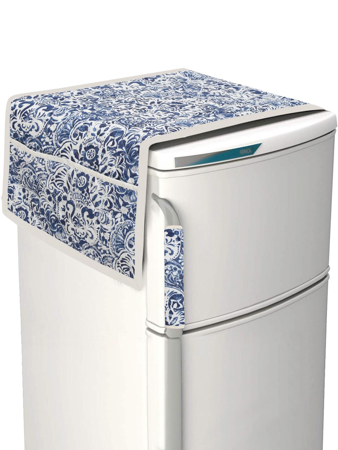 

Rajasthan Decor Navy-Blue & White Floral Print Quilted Fridge Cover With Handle Cover