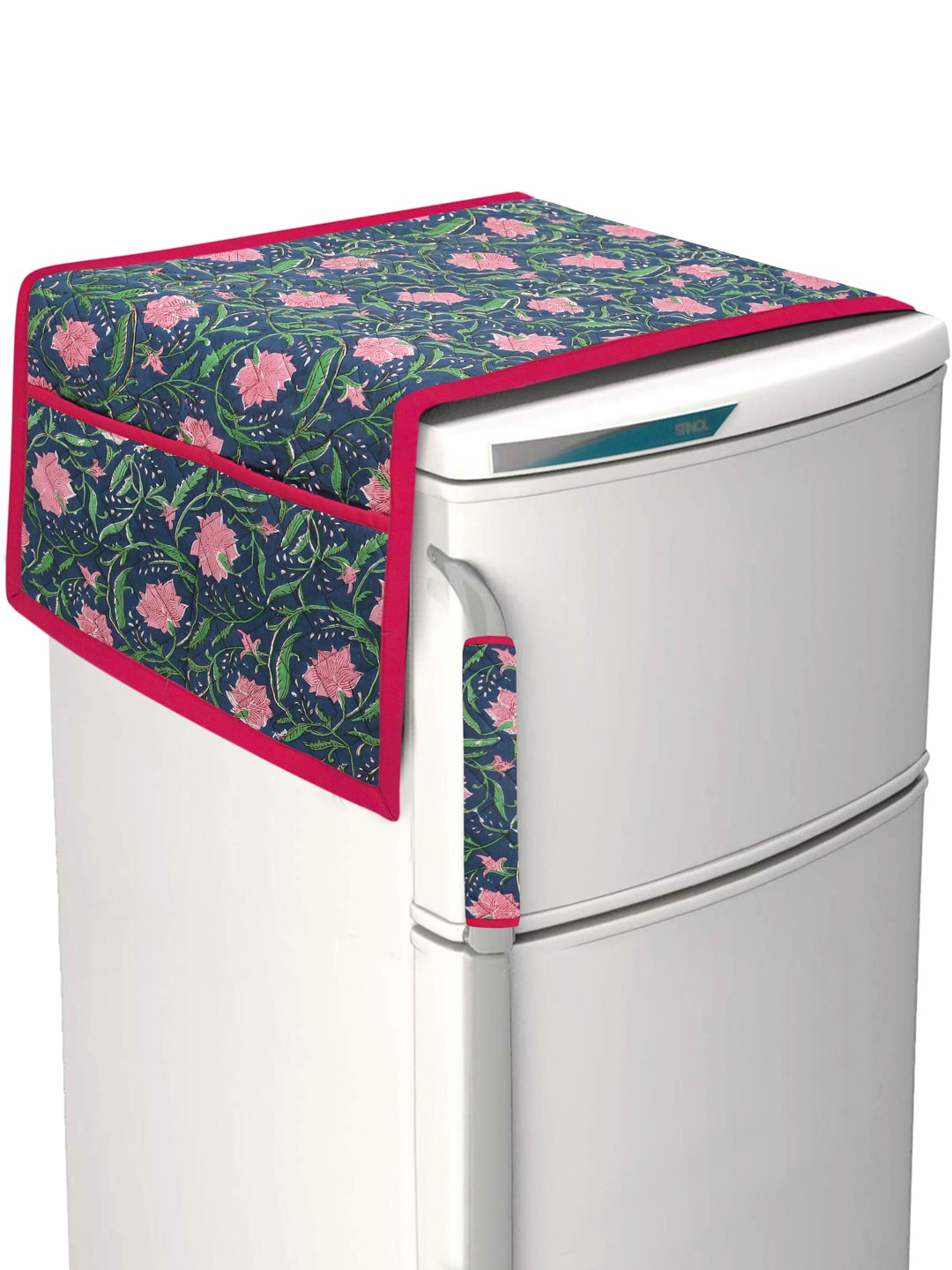

Rajasthan Decor Green & Red Floral Print Quilted Cotton Fridge Cover With Handle Cover