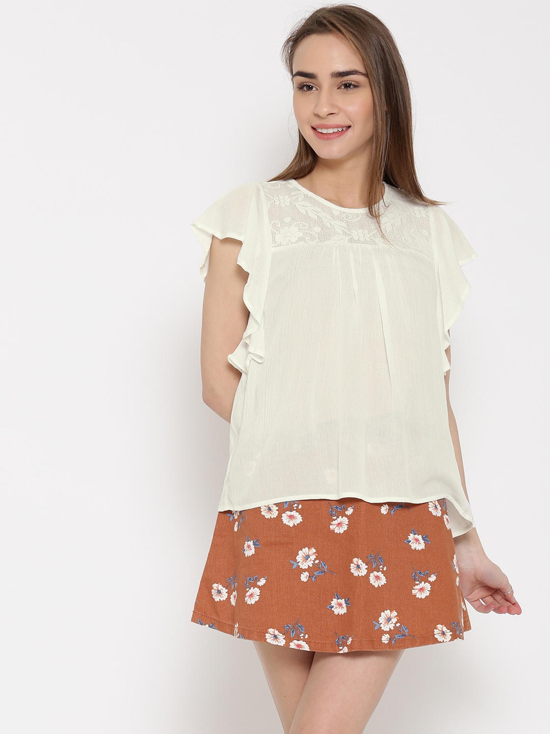 

FOREVER 21 Women Off-White Lace Semi-Sheer Top
