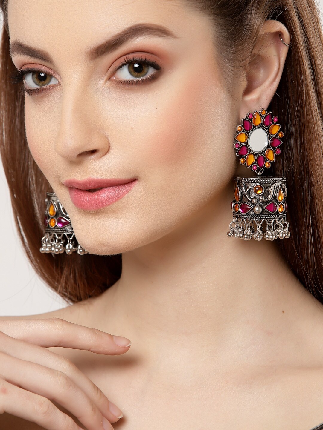 

Shining Diva Silver-Plated & Yellow Oxidised Geometric Jhumkas Earrings