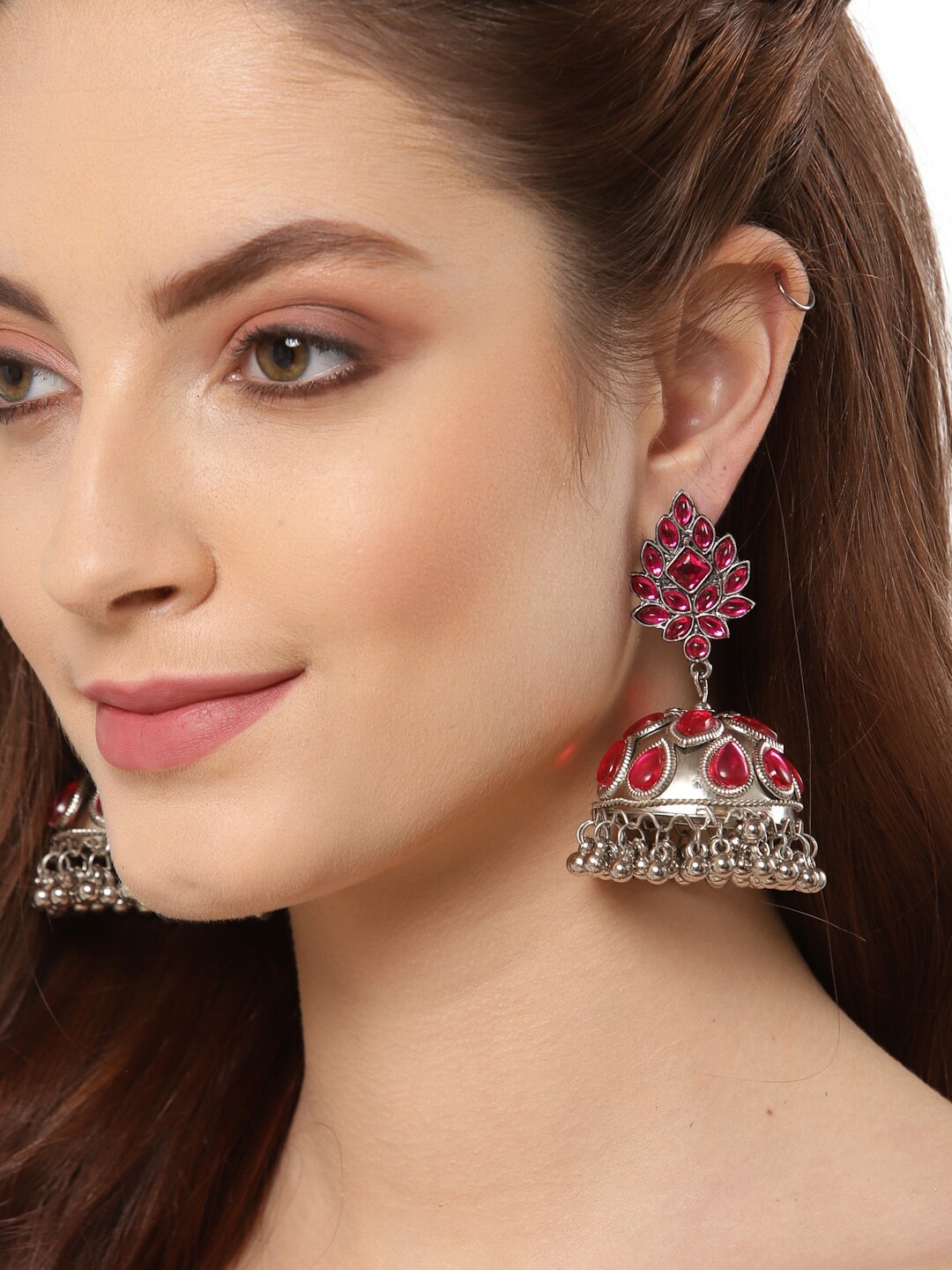 

Shining Diva Pink & Silver-Plated Oxidised Dome Shaped Jhumkas Earrings