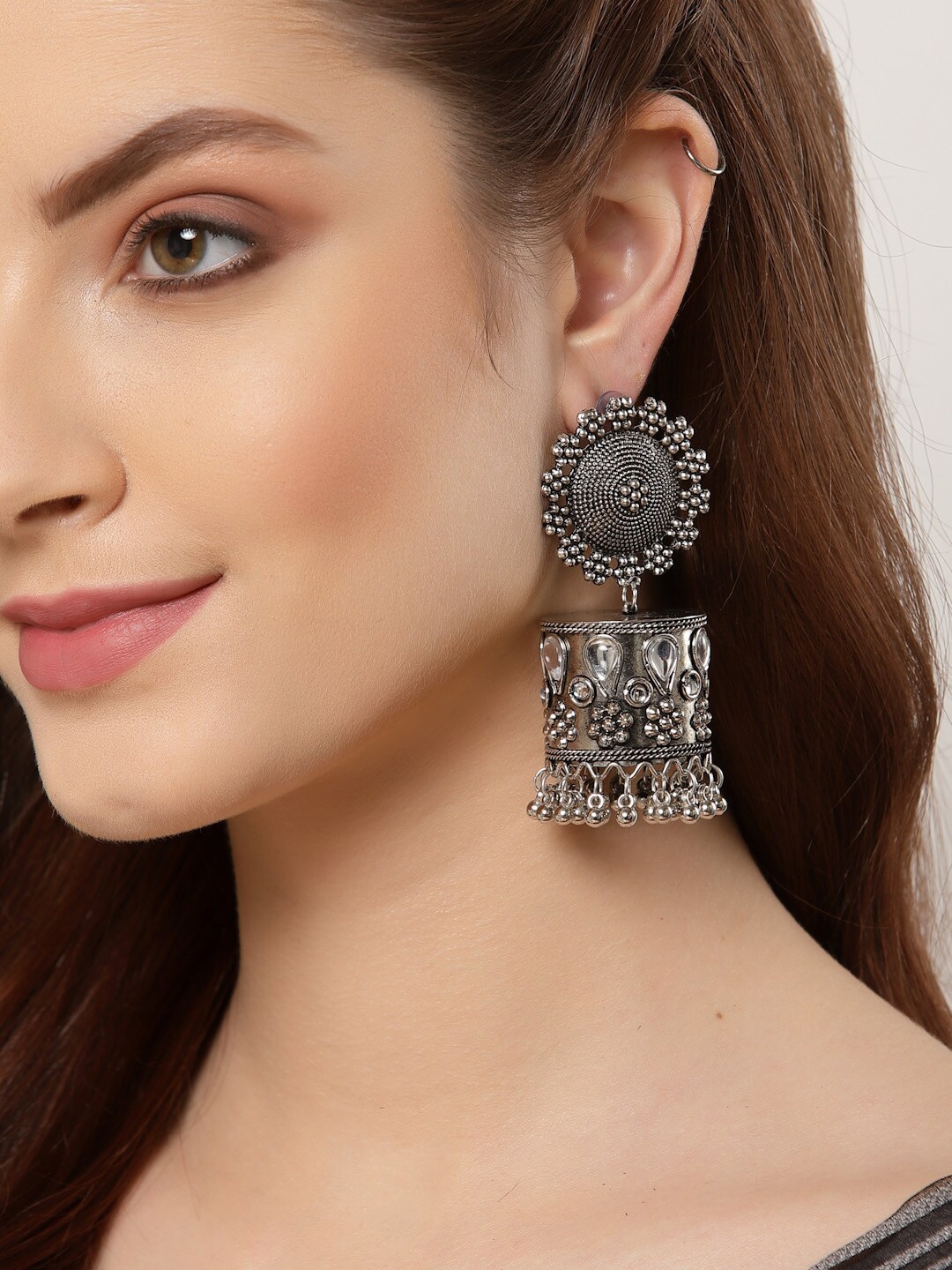 

Shining Diva Silver-Plated Oxidised Contemporary Jhumkas Earrings