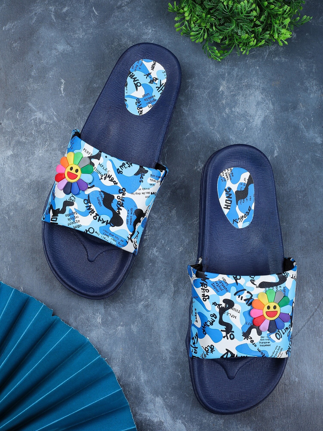 

FABBMATE Women Blue & White Printed Sliders