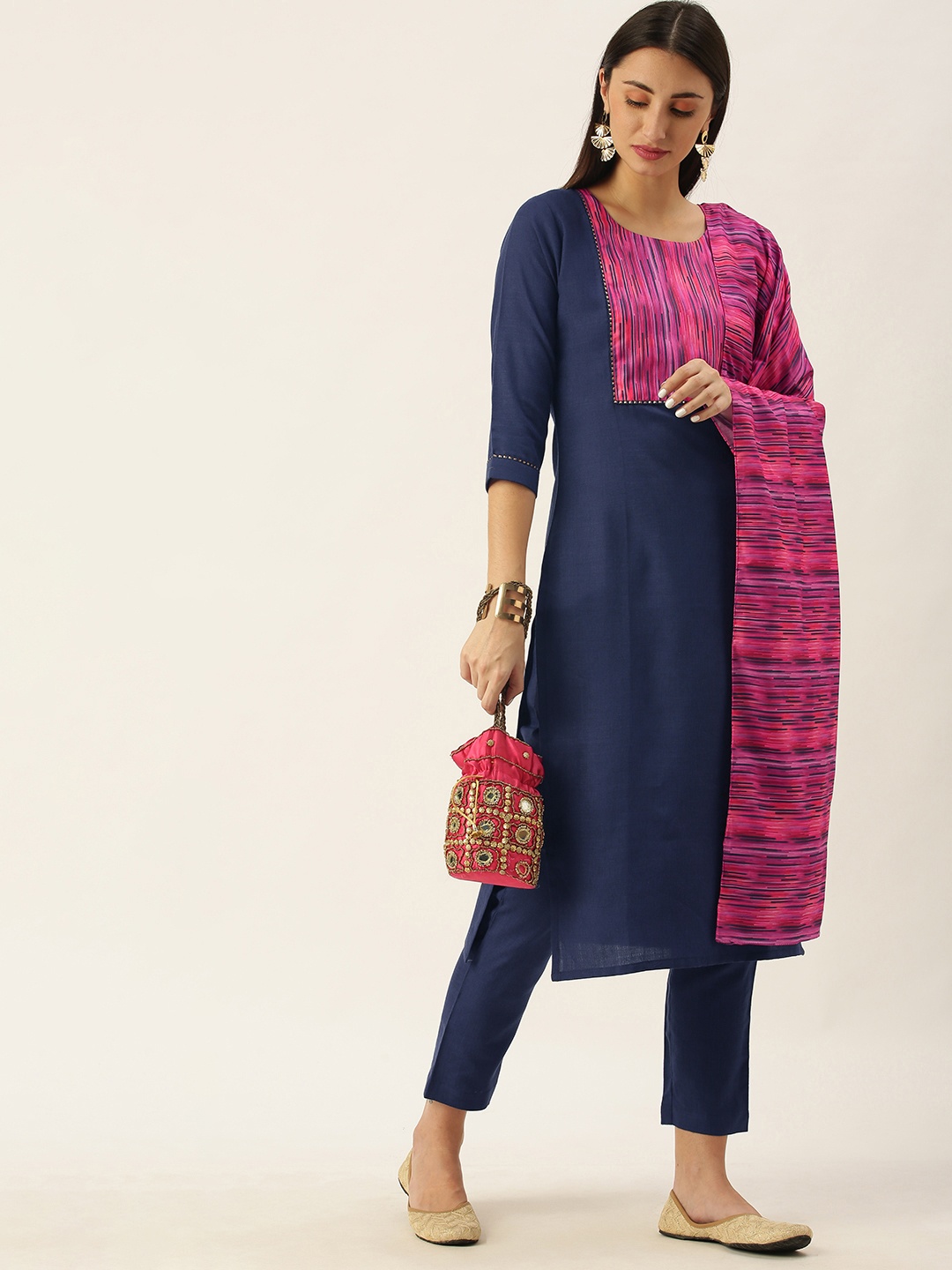

Minora Women Navy Blue Floral Yoke Design Kurta with Trousers & With Dupatta