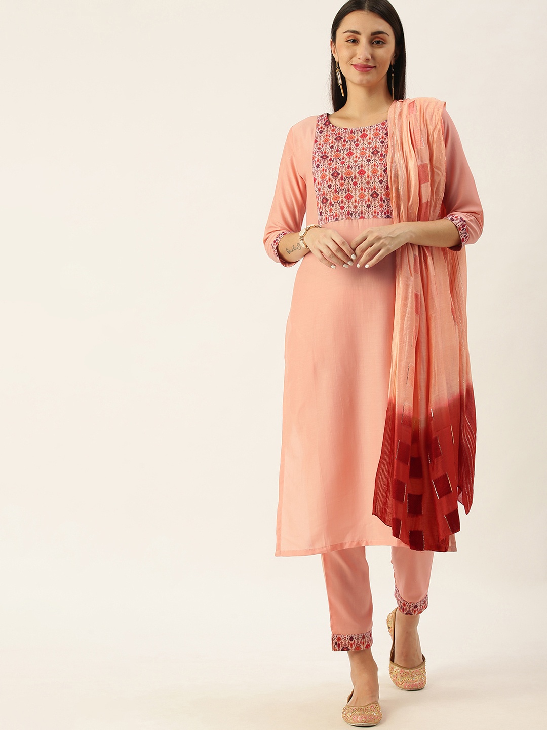 

Minora Women Pink Floral Yoke Design Kurta with Trousers & With Dupatta