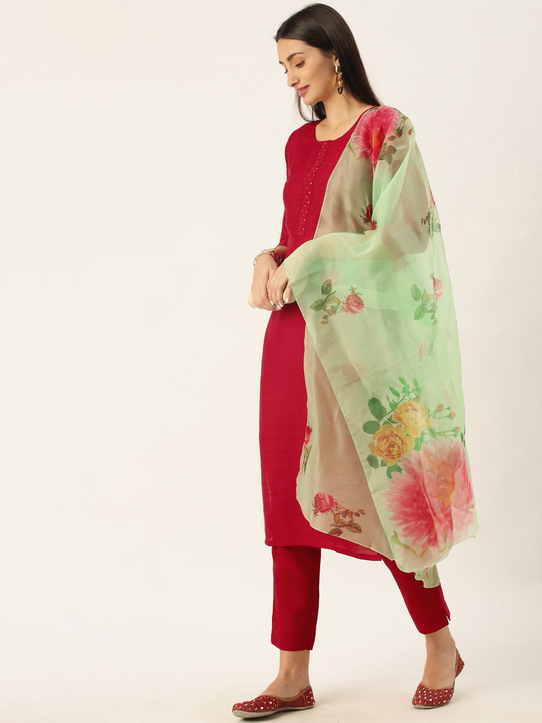

Minora Women Red Floral Yoke Design Gotta Patti Liva Kurta with Trousers & With Dupatta