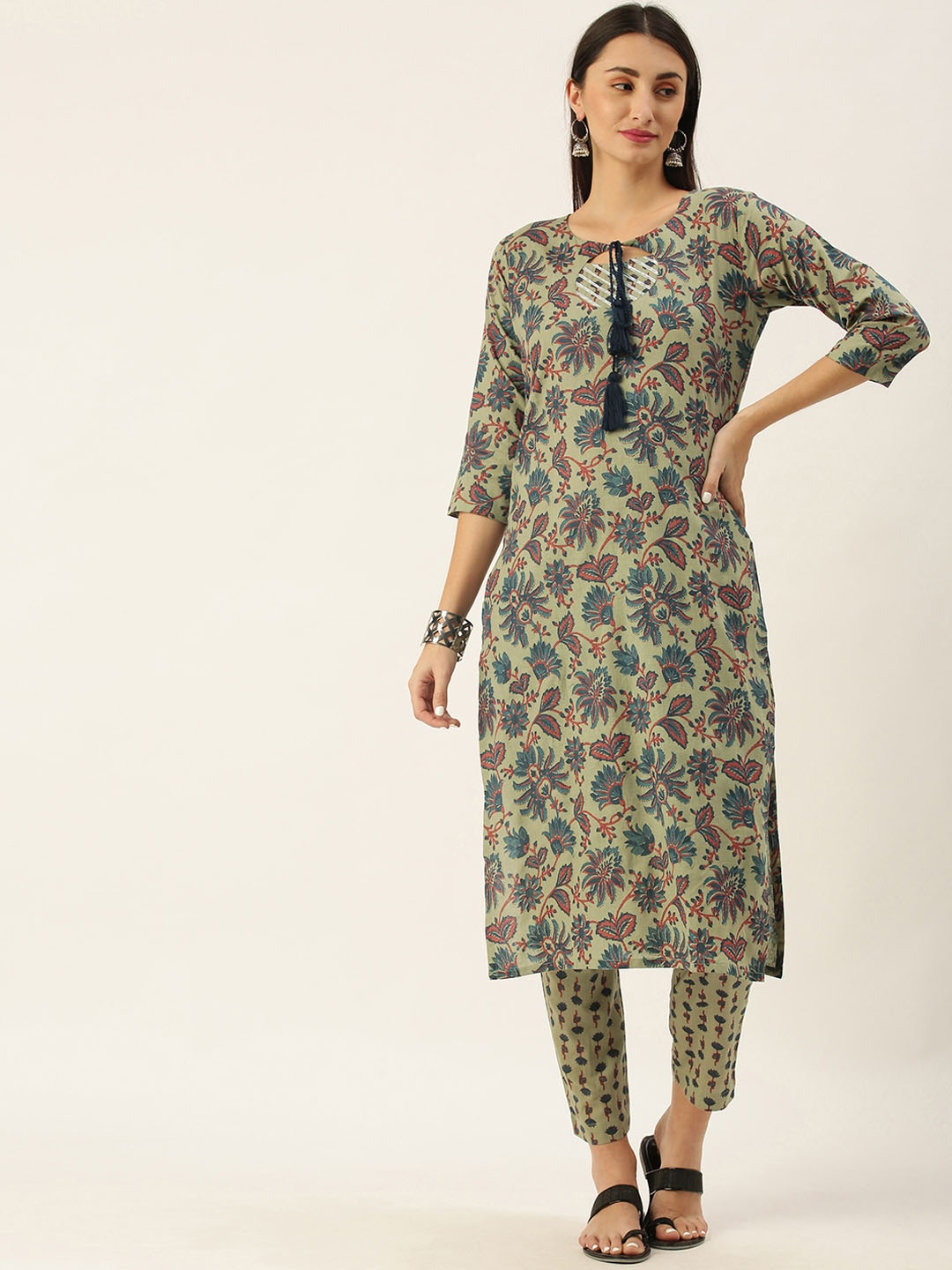 Minora Women Green Floral Printed Pure Cotton Kurta with Trousers