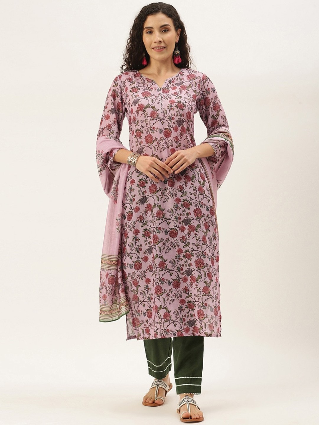 

Sangria Women Pink & Green Printed Straight Gotta Patti Kurta with Trousers & Dupatta
