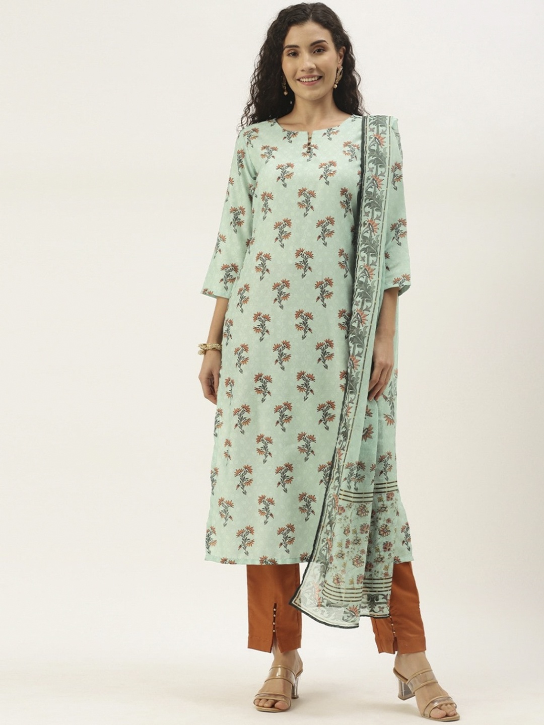

Sangria Women Sea Green Printed Regular Kurta with Trousers & With Dupatta