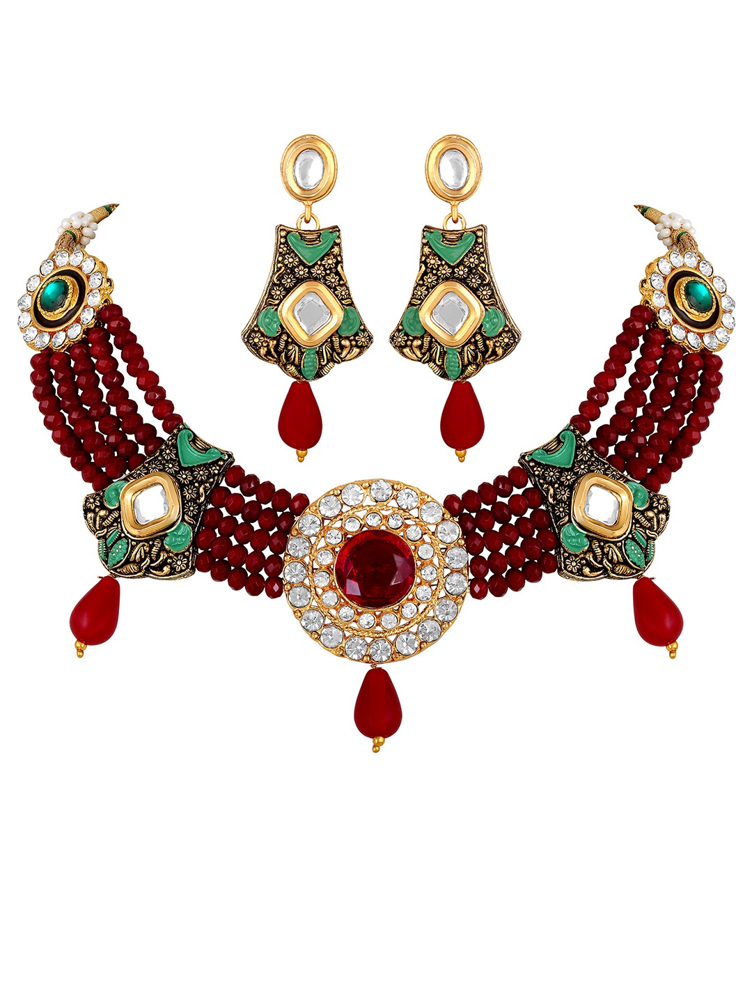 

ASMITTA JEWELLERY Red Green Kundan Beaded Choker Jewelry Set