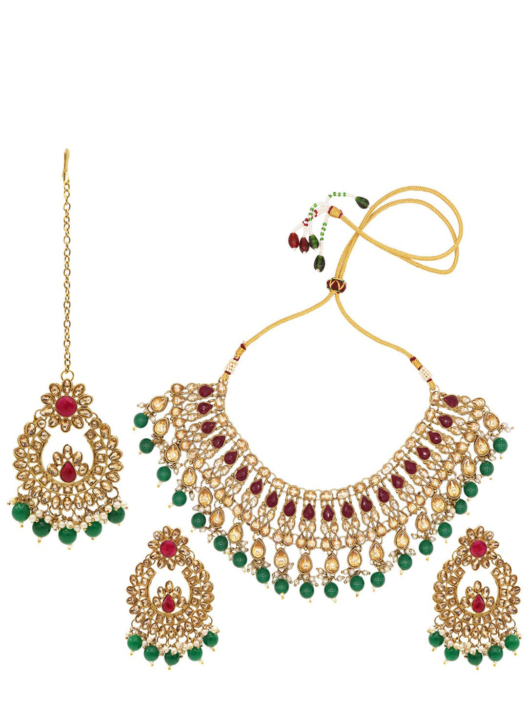 

ASMITTA JEWELLERY Gold-Plated Red & White Kundan-Studded & Beaded Jewellery Set