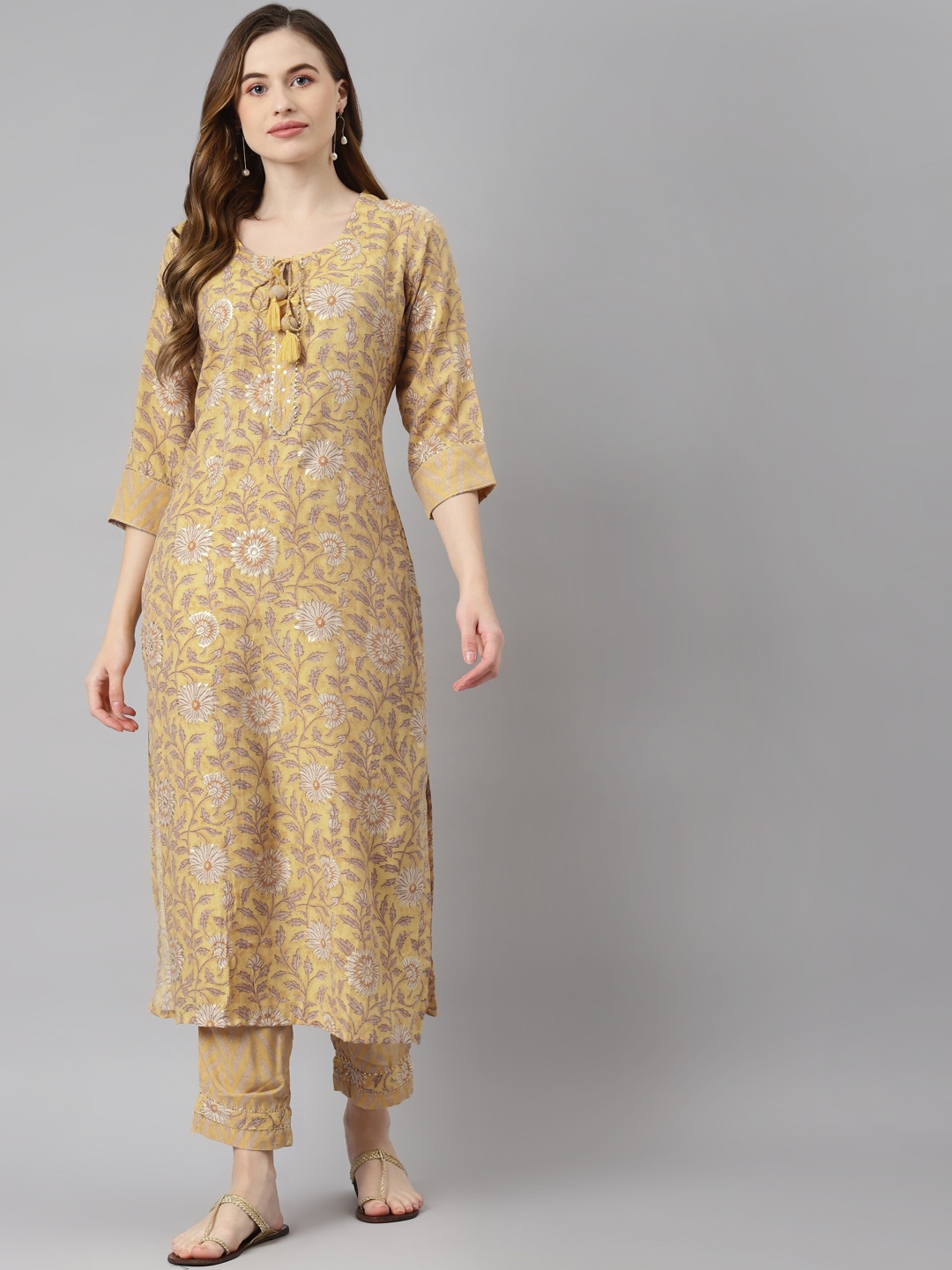 

Readiprint Fashions Women Mustard Yellow & Purple Floral Printed Gotta Patti Kurta Set