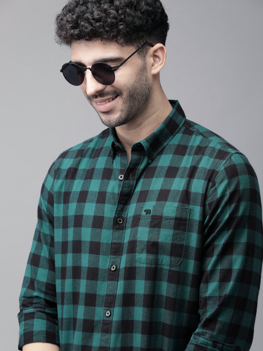 

THE BEAR HOUSE Men Turquoise Blue Slim Fit Buffalo Checks Casual Shirt