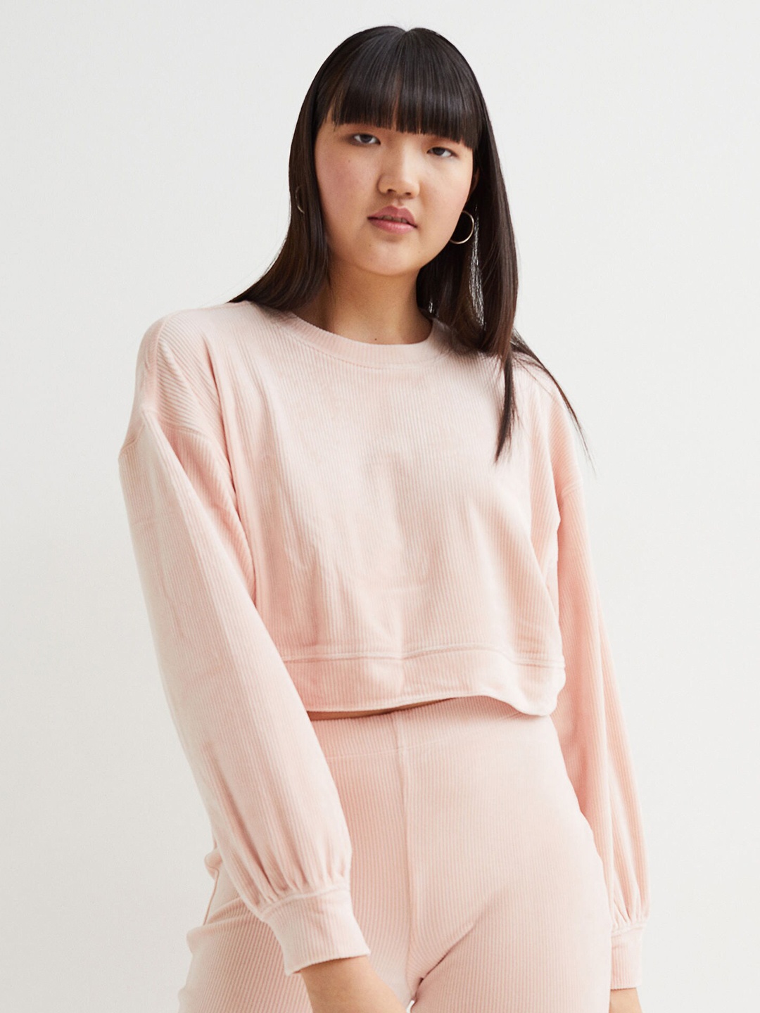 

H&M Women Pink Cropped Ribbed Velour Top