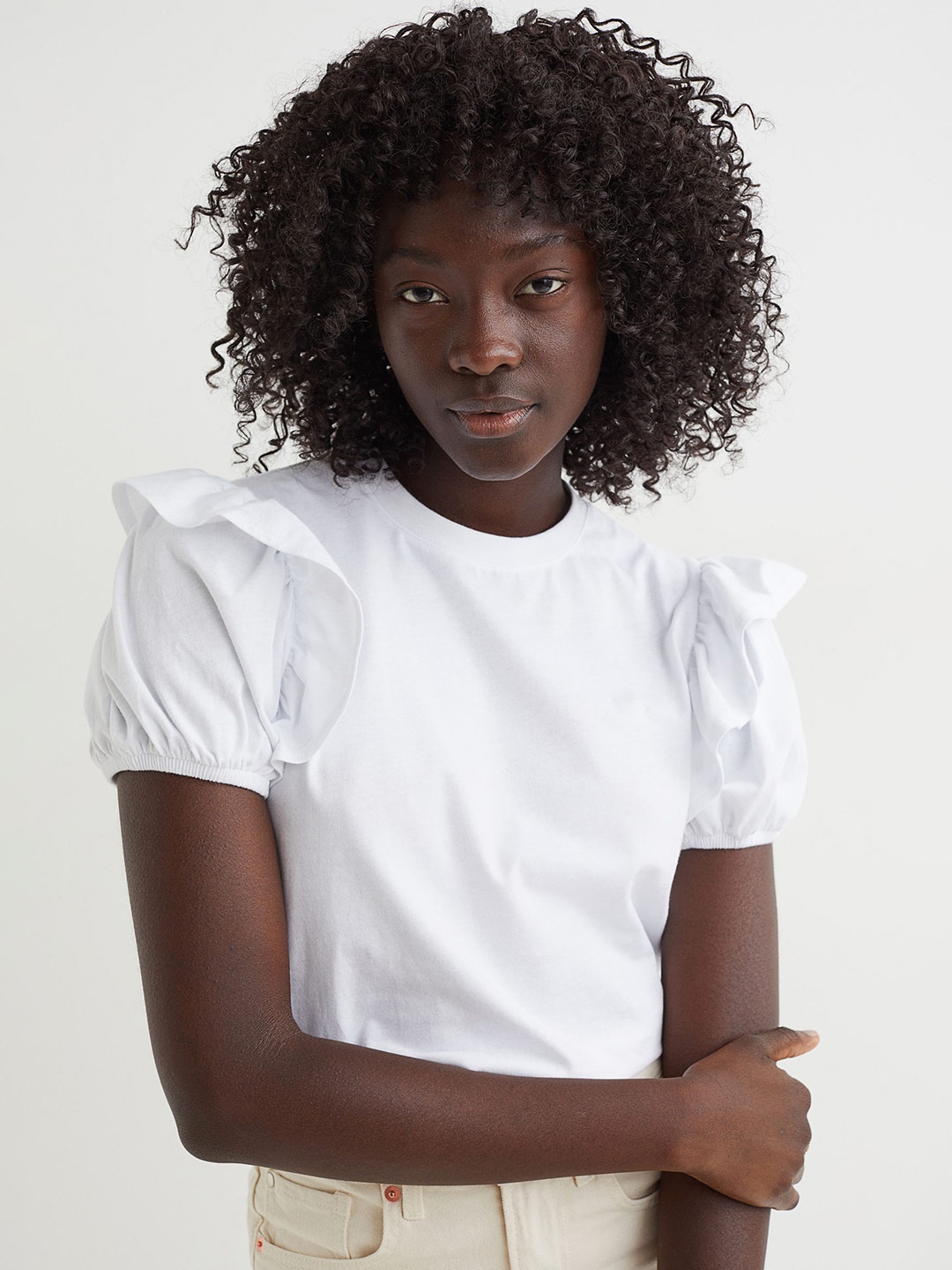 

H&M Women White Solid Puff-Sleeved Top