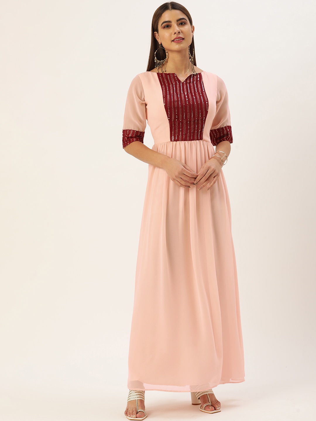 

Ethnovog Peach-Coloured Maroon Embellished Made To Measure Gathered or Pleated Maxi