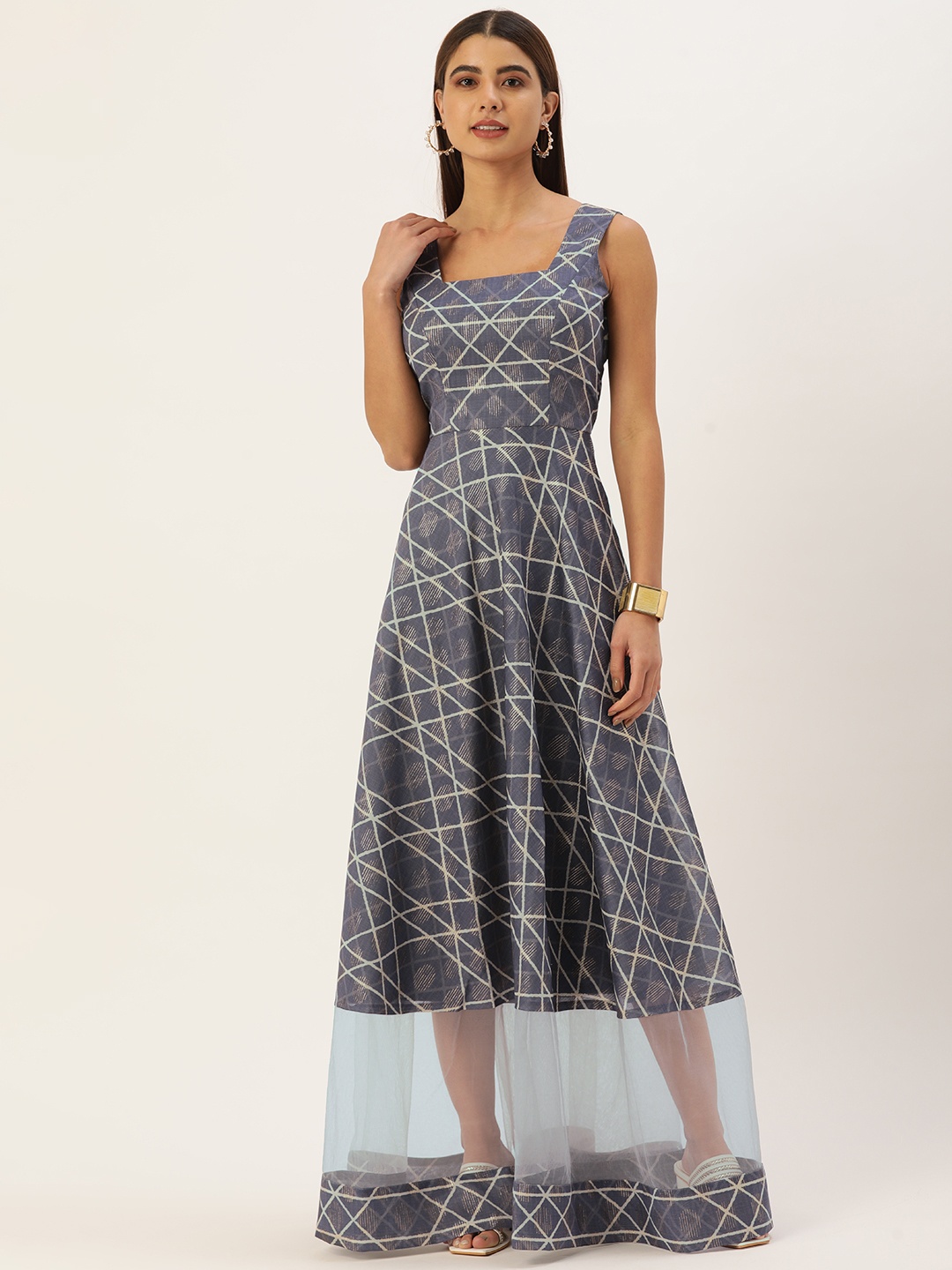 

Ethnovog Blue Geometric Printed Ethnic Maxi Dress