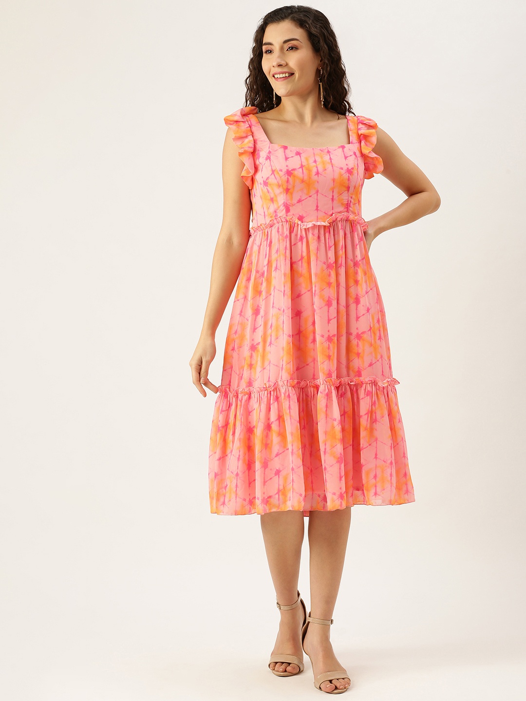 

Ethnovog Women Pink Yellow Printed Georgette Made To Measure Fusion Kurta