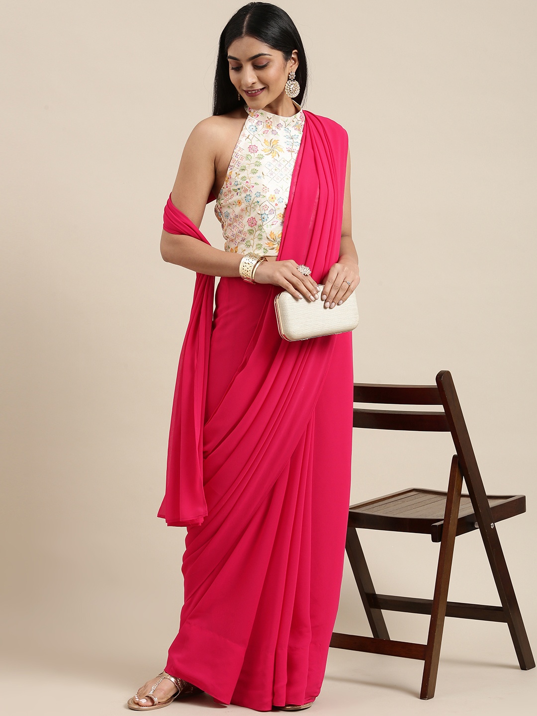 

Ethnovog Off White Pink Solid Designer Saree