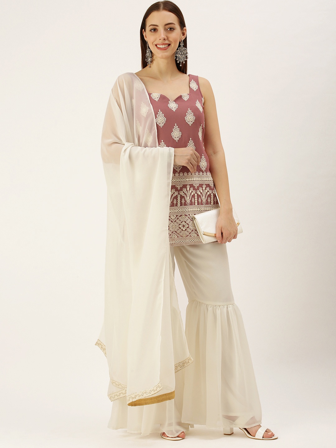 

Ethnovog Women Brown White Mirror Work Embroidered Kurti with Sharara Dupatta