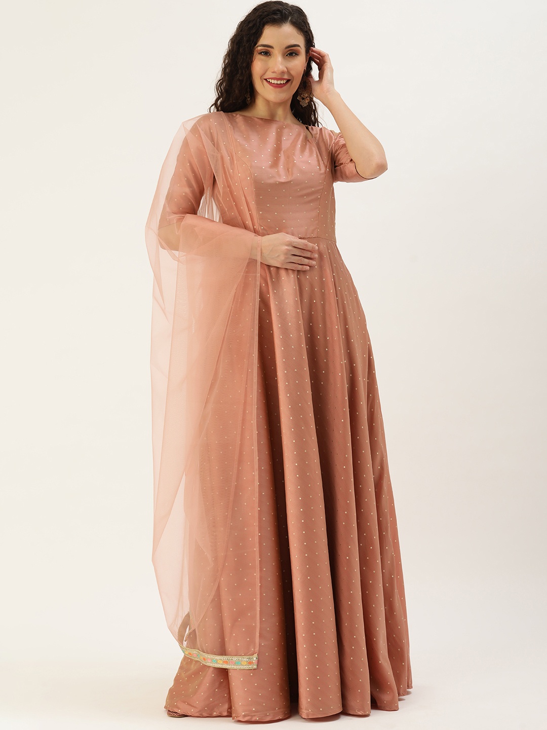 

Ethnovog Women Peach-Coloured Embroidered Kurta with Trousers With Dupatta