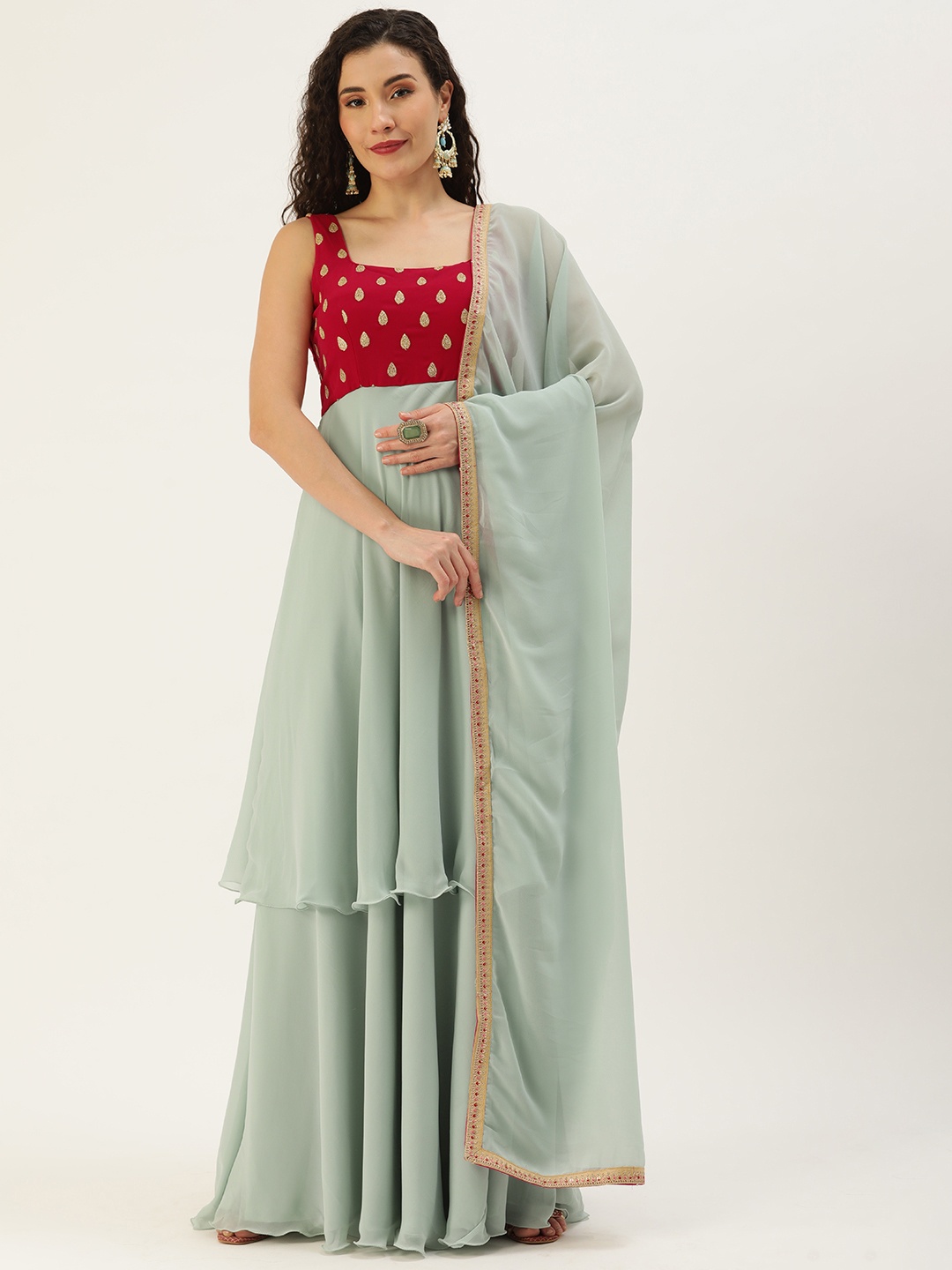 

Ethnovog Women Green Ethnic Motifs Embroidered Kurta with Trousers With Dupatta