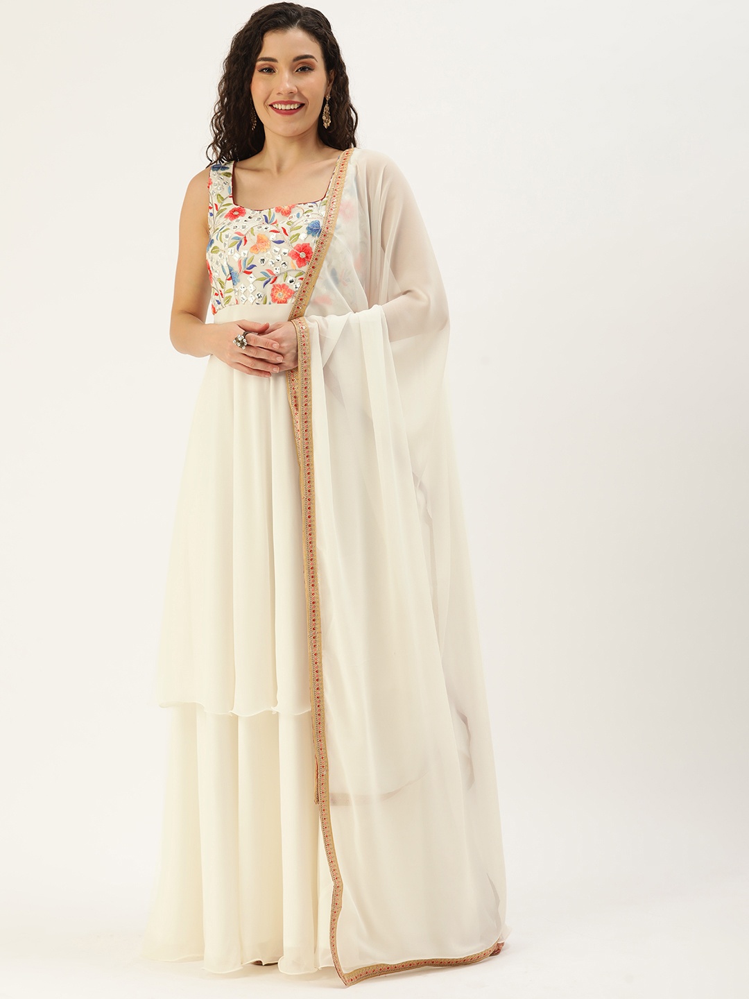 

Ethnovog Women White Ethnic Motifs Embroidered Mirror Work Kurta with Trousers With Dupatta