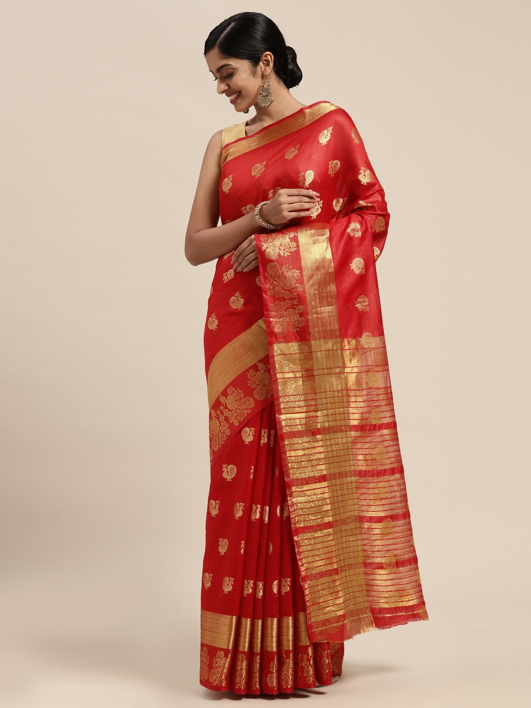 

Mitera Red & Gold-Toned Woven Design Zari Silk Blend Chanderi Saree