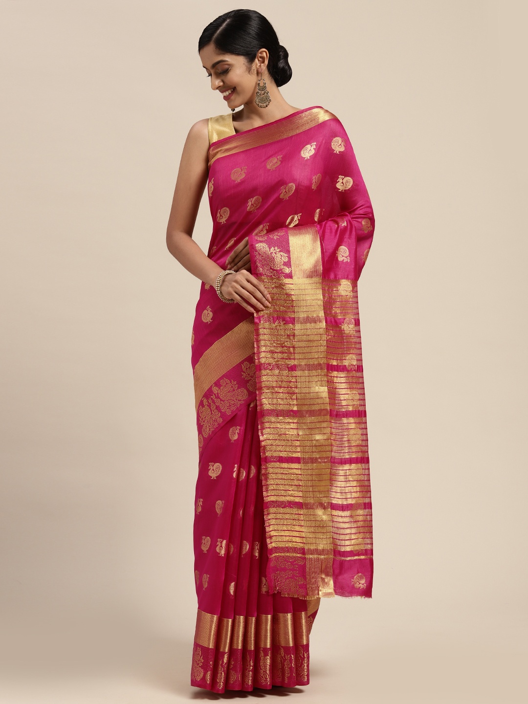 

Mitera Magenta & Gold-Toned Woven Design Zari Silk Blend Chanderi Saree