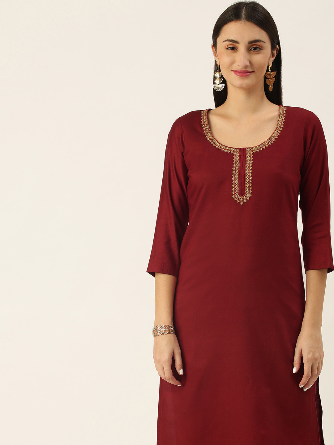 

Minora Women Maroon Embroidered Yoke Design Liva Kurta with Trousers