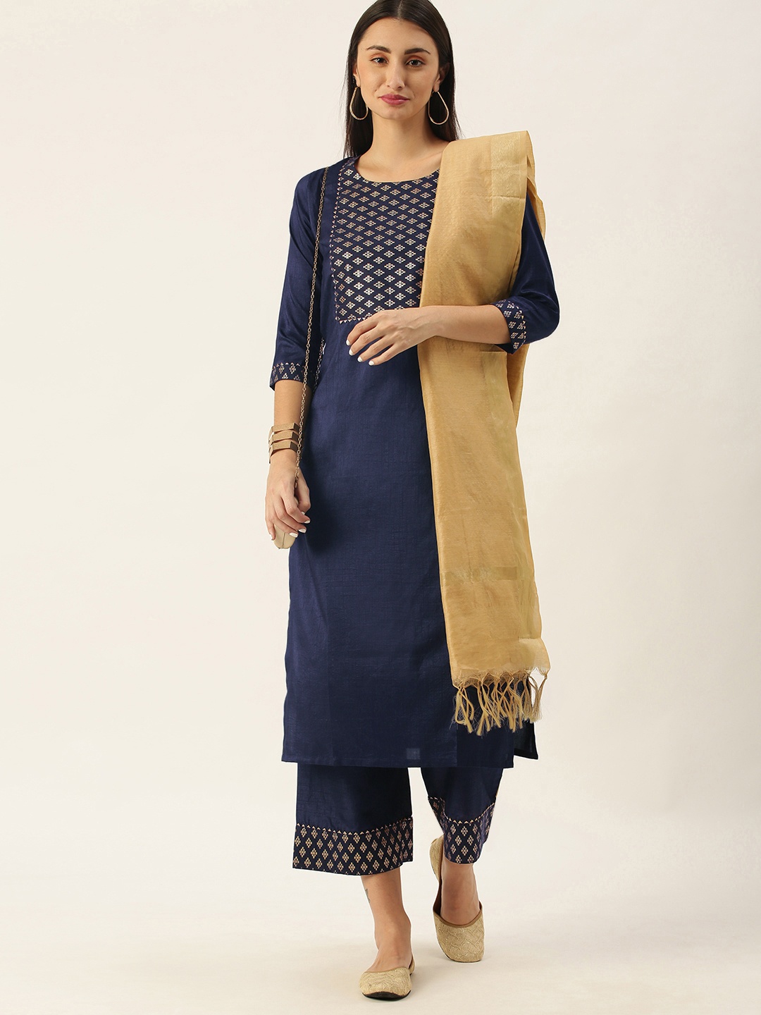 Minora Women Navy Blue Cotton Floral Yoke Design Kurta with Palazzos & With Dupatta