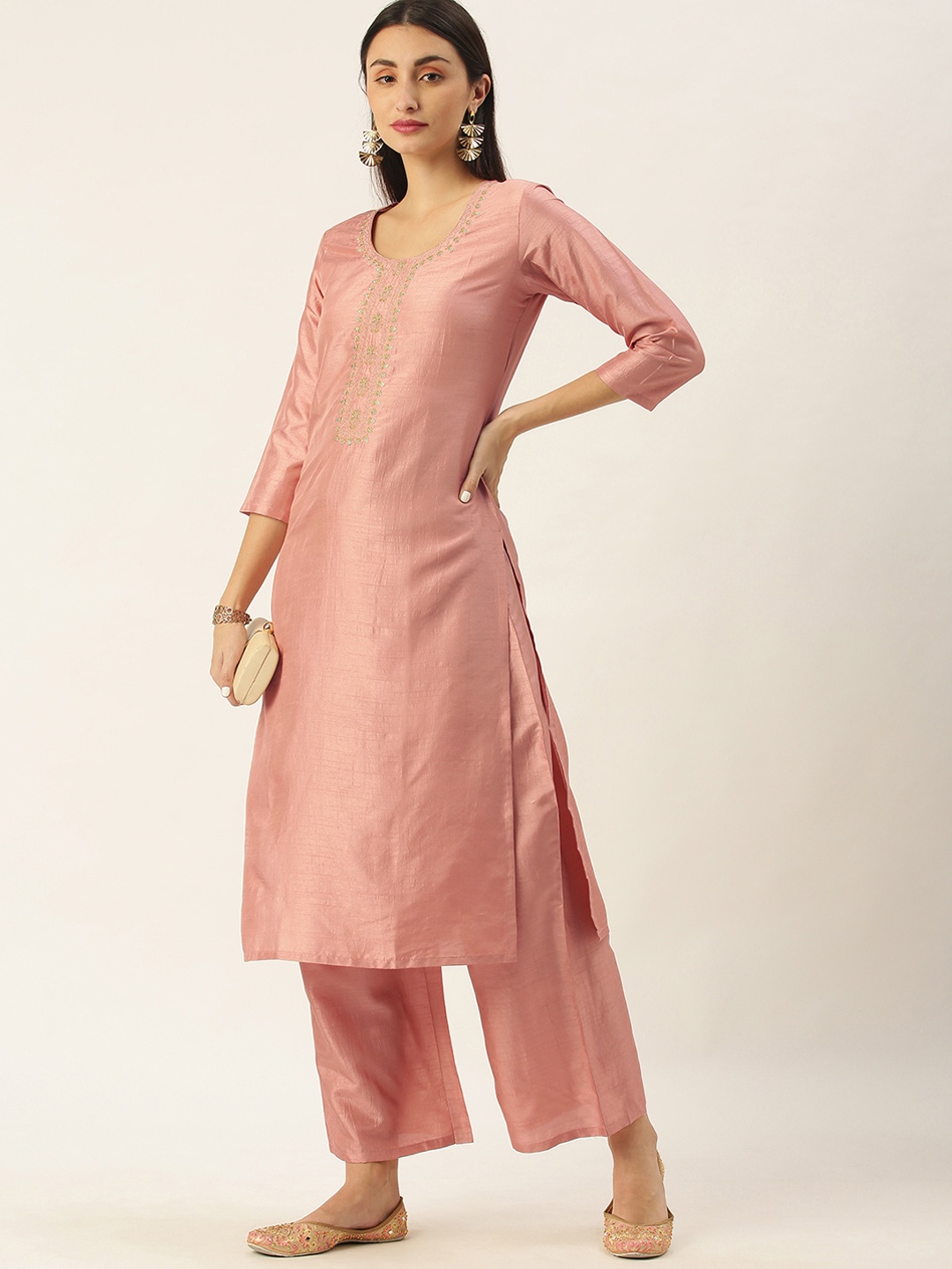 

Minora Women Peach-Coloured Floral Embroidered Yoke Design Kurta with Palazzos