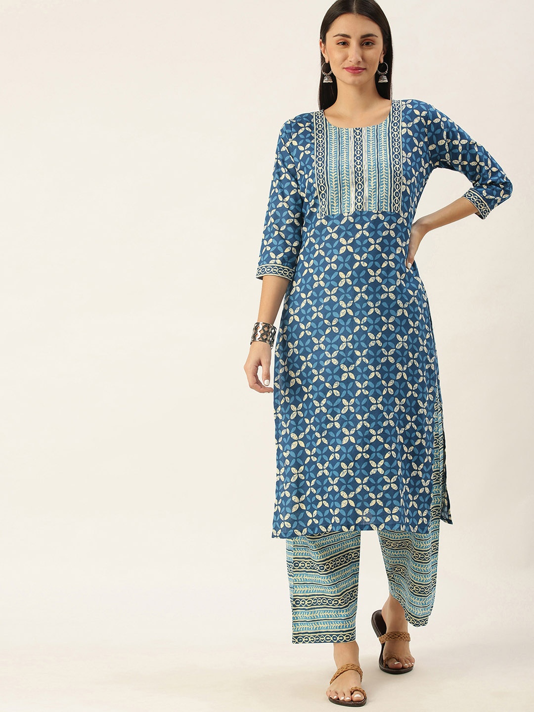 

Minora Women Blue Printed Pure Cotton Kurta with Trousers