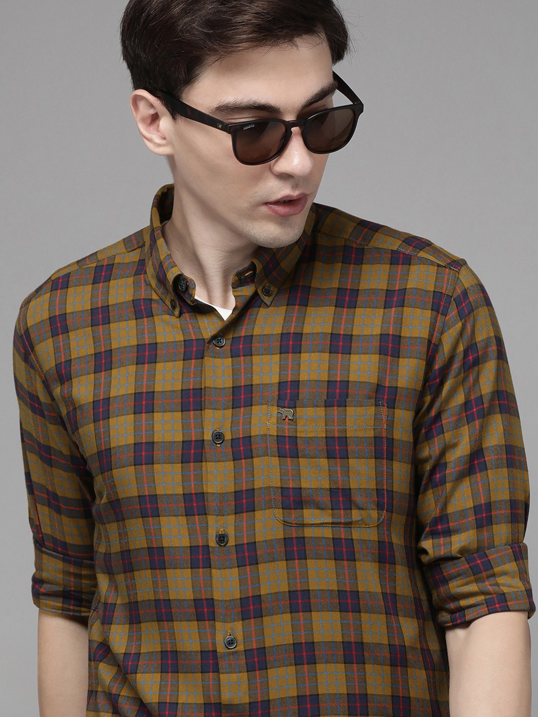 

THE BEAR HOUSE Men Mustard Brown & Blue Slim Fit Pure Cotton Checked Casual Shirt