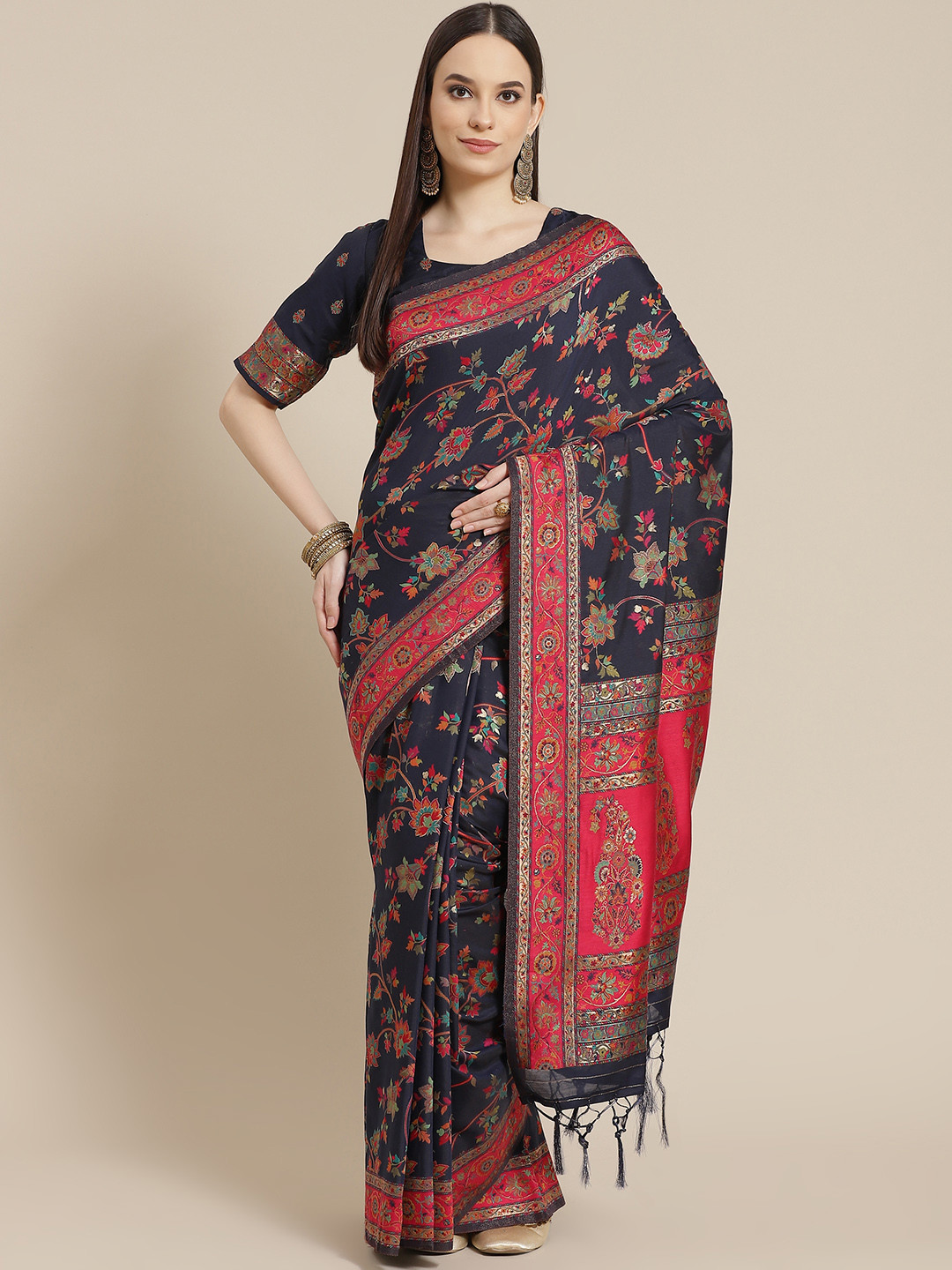

Mitera Navy Blue & Red Floral Printed Zari Saree