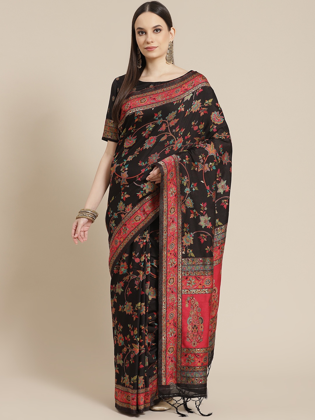 

Mitera Black & Red Ethnic Motifs Woven Design Zari Saree